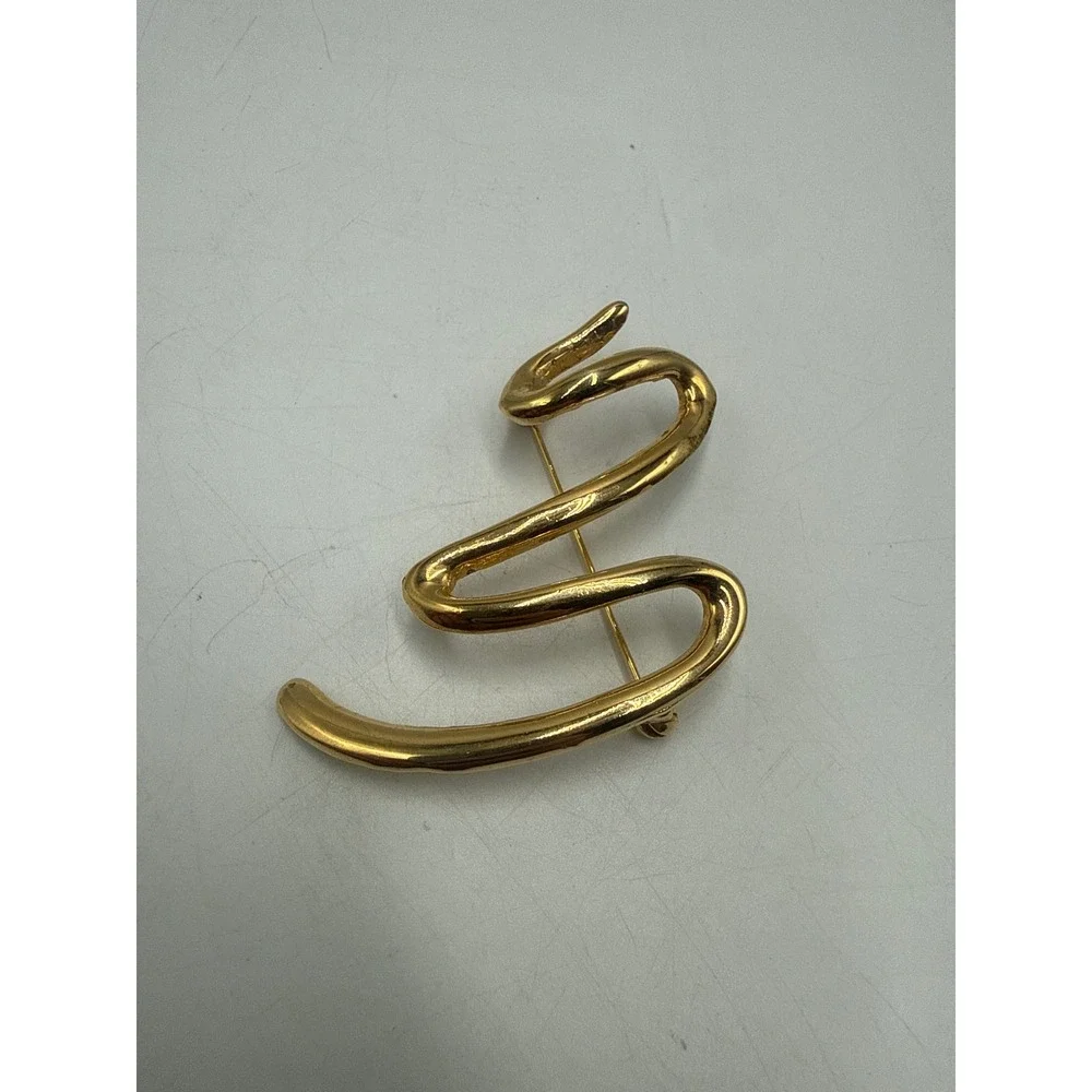 Vintage Gold Tone Abstract Squiggle Snake Brooch Pin Minimalist Sculptural 2‎ In
